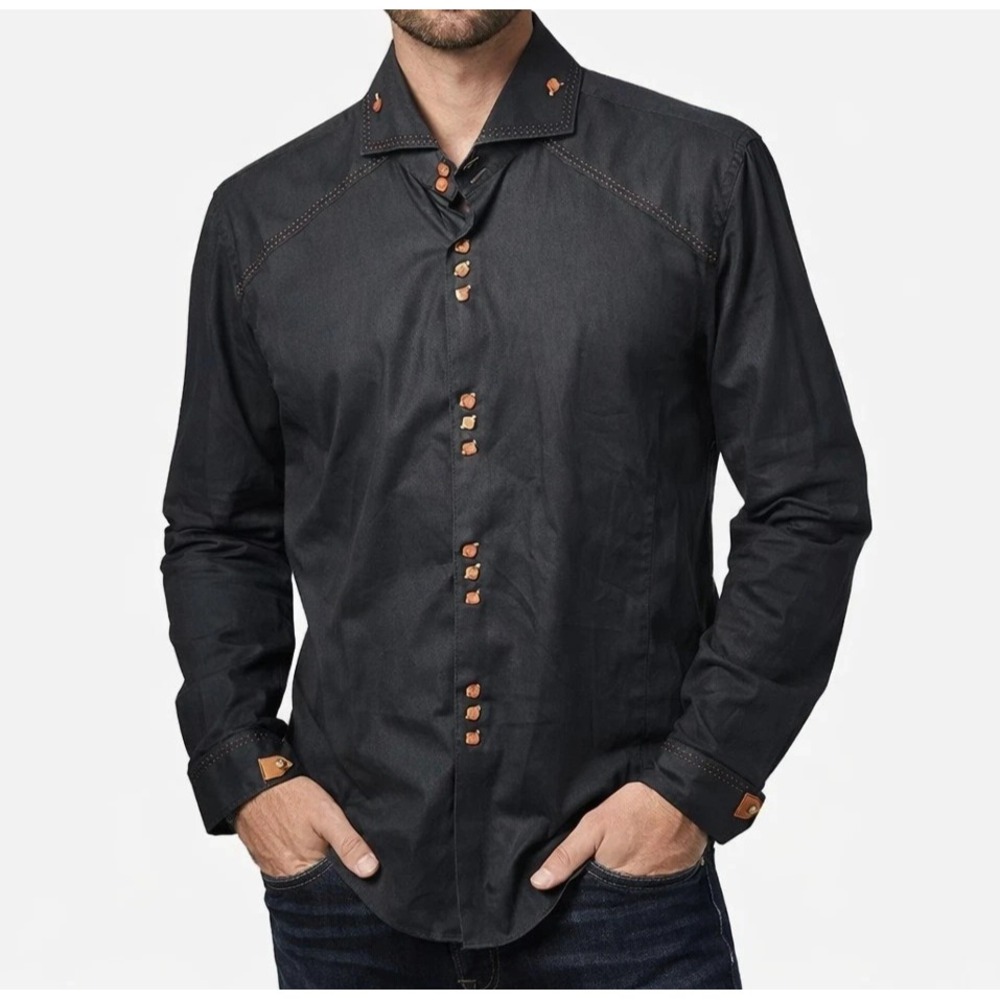 Bogosse Size 5 Men's Shirt XL Black Brown Contrast Stitch Trim Buttons Cuffs